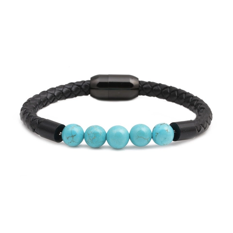 Pulsera de Cuero Trenzado para Hombre Hebilla Magnética de Acero Inoxidable Cuentas de Turquesa Sintética Joyería