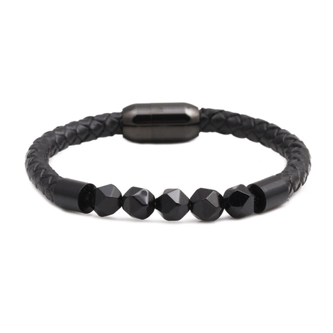 Men Genuine Leather Braided Bracelet Natural Stone Faceted Beads Magnetic Stainless Steel Buckle Fashion Jewelry Gift