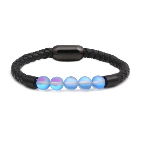 Bracelet Perles de Pierre de Lune Fermoir Magnétique en Acier Inoxydable Cuir Véritable Tressé pour Hommes Femmes Bijoux