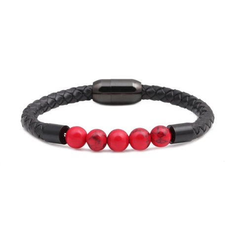 Pulsera de Cuero Trenzado para Hombre Hebilla Magnética de Acero Inoxidable Cuentas de Turquesa Sintética Joyería