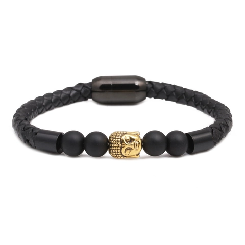 Vintage Punk Stainless Steel Braided Leather Bracelet For Men Buddha Skull Spartan Helmet Charm Bracelet Magnetic Buckle Matte Beads Jewelry