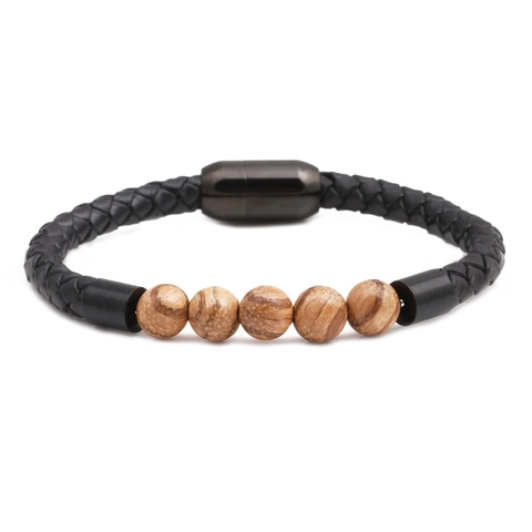 Bracciale da Uomo in Vera Pelle Intrecciata Con Chiusura Magnetica in Acciaio Inossidabile Perline in Pietra Naturale Stile Punk Gioielli