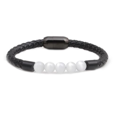 Handgefertigtes Geflochtenes Lederarmband Mit Natursteinperlen Und Magnetverschluss Edelstahl Armreif Damen Herren Schmuck Geschenk