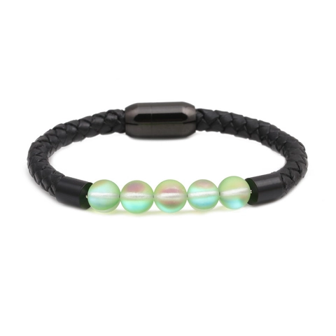 Bracelet Tressé en Cuir Véritable pour Femmes Hommes Fermoir Magnétique en Acier Inoxydable Bracelet Perlé en Pierre de Lune Bijoux Cadeau
