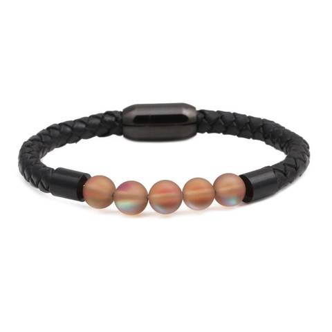 Bracelet Tressé en Cuir Véritable pour Femmes Hommes Fermoir Magnétique en Acier Inoxydable Bracelet Perlé en Pierre de Lune Bijoux Cadeau