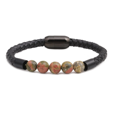 Braccialetto in Vera Pelle Intrecciata Con Perline di Pietra Naturale Chiusura Magnetica in Acciaio Inossidabile Uomo