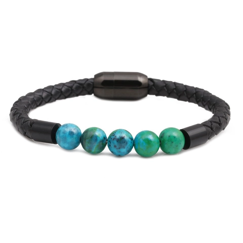 Braccialetto in Vera Pelle Intrecciata Con Perline di Pietra Naturale Chiusura Magnetica in Acciaio Inossidabile Uomo