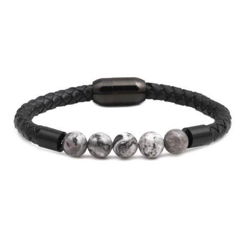Hand-Woven Men Leather Bracelet With Natural Stone Red Agate Tiger Eye Beads Stainless Steel Magnetic Clasp Fashion Jewelry Gift