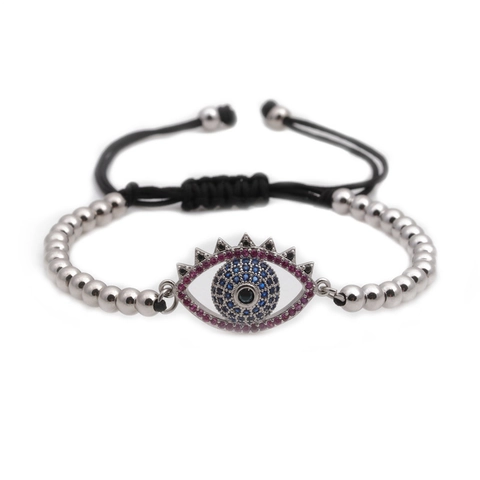 Bracelet Mauvais Œil Perles en Cuivre Zircone Micro Incrustée Corde Tissée Réglable Bijoux de Style Bohème pour Femmes