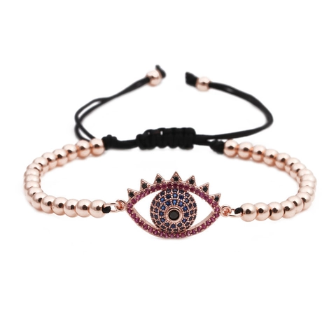 Bracelet Mauvais Œil Perles en Cuivre Zircone Micro Incrustée Corde Tissée Réglable Bijoux de Style Bohème pour Femmes