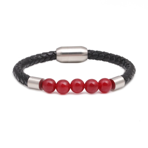 Hand-Woven Men Leather Bracelet With Natural Stone Red Agate Tiger Eye Beads Stainless Steel Magnetic Clasp Fashion Jewelry Gift