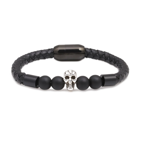 Vintage Punk Stainless Steel Braided Leather Bracelet For Men Buddha Skull Spartan Helmet Charm Bracelet Magnetic Buckle Matte Beads Jewelry