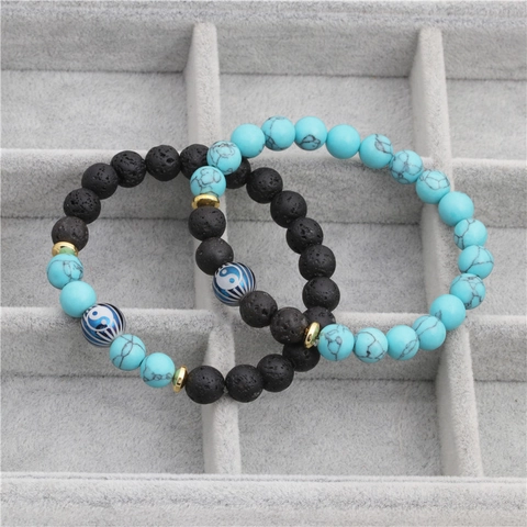Natural Lava Stone Turquoise Beaded Bracelet With Tai Chi Yin Yang Symbol Copper Spacers Balanced Energy Jewelry For Unisex Daily