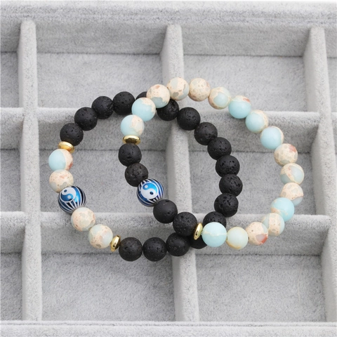 Vintage Yin Yang Bagua Pietra Lavica Bracciale di Perline Donna Uomo Rame Pietra Naturale Pendenti Elastici Gioielleria Regalo