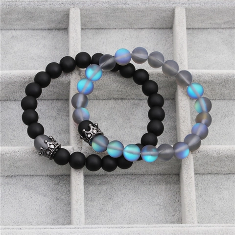 Unisex Matte Moonstone Beaded Bracelet Set Retro Copper Alloy Rhinestone Crown Charm Elastic Strand Bracelet Jewelry Gift
