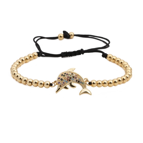 Boho Kupfer Perlenarmband Mit Buntem Zirkonia Delfin Anhänger Verstellbare Gewebte Seilkette Mode Schmuck Für Damen