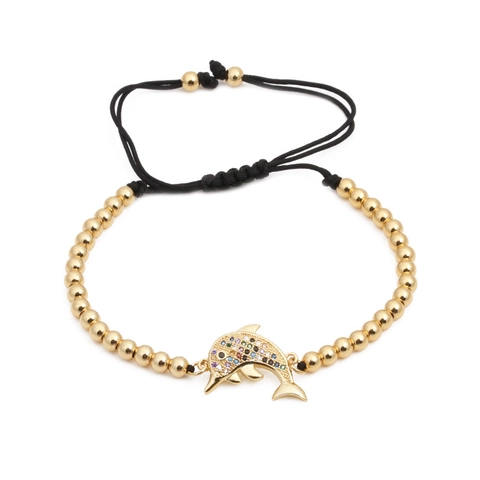 Boho Kupfer Perlenarmband Mit Buntem Zirkonia Delfin Anhänger Verstellbare Gewebte Seilkette Mode Schmuck Für Damen