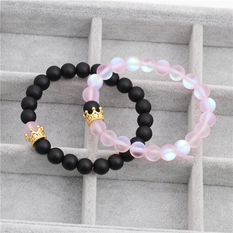Braccialetti con Perline di Pietra di Luna Smerigliata con Ciondolo a Corona Rosa e Nere Gioielli alla Moda Donna