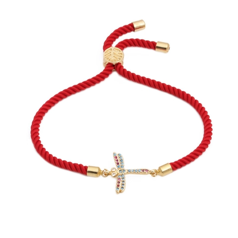 Bracciale da Donna in Corda Rossa Coreana Con Ciondolo a Farfalla e Libellula in Zirconia Colorata Rame Placcato Oro