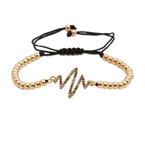 Mode Kupfer Perlen Geflochtenes Armband Mit Buntem Zirkonia Herzschlag Anhänger Verstellbares Gewebtes Armband Für Damen Schmuck