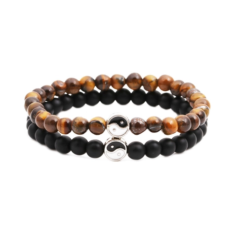 Natural Stone Distance Yin Yang Beaded Bracelet Set Matte Black Tiger Eye Lava Rock Couple Bracelets Yoga Balancing Relationship Jewelry Gift