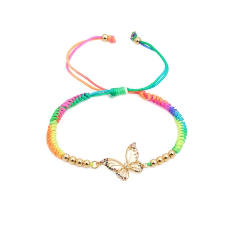Bohemian Regenbogen Handgewebtes Verstellbares Armband Bunte Zirkonia Eingelegt Schmetterling Biene Anhänger Kupfer Armband Für Damen Schmuck Geschenk