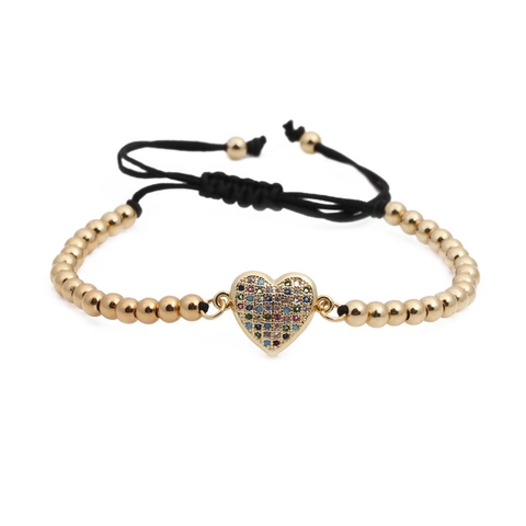 Pulsera de Mujer con Colgante de Corazón de Zirconia de Colores Cuentas de Cobre Cordón Tejido Ajustable Joyería para Fiesta de Cumpleaños