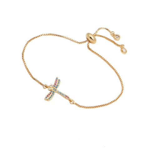 Lussuoso Bracciale Libellula in Rame Zirconia Colorata Micro Incastonatura Cursore Regolabile Catena a Box Gioielli Donna