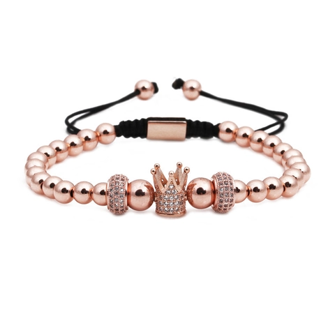 Herren Vintage Krone Anhänger Kupfer Perle Geflochtenes Armband Mit Mikro Eingelegtem Zirkonia Verstellbar Schmuck