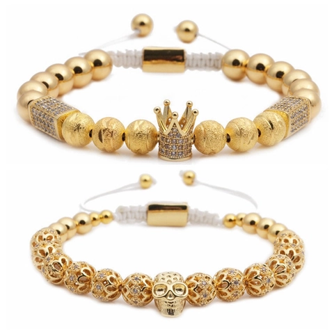 Adjustable Braided Rope Bracelet For Women Men Copper Micro-set Zirconia Crown Skull Charm Bracelet Fashion Jewelry Gift