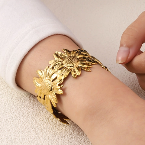 Vintage Edelstahl Sonnenblume Breiter Armreif Vergoldet Übertriebene Florale Offene Armband Für Damen Schmuck