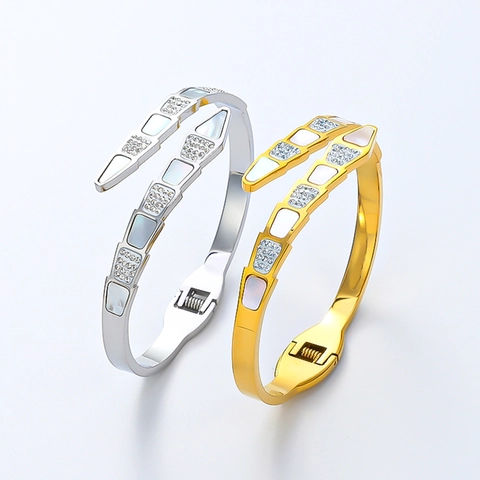Schlangenschuppen Armreif Edelstahl Perlmutt Inlay Zirkonia Öffnung Feder Armband Vintage Mode Schmuck Für Damen
