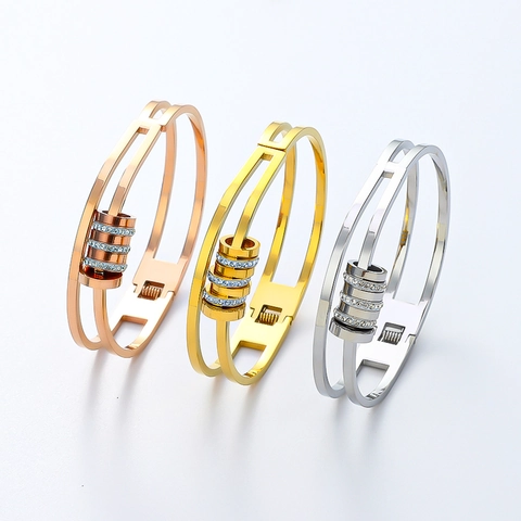 Titanium Steel 18K Gold Plated Rhinestone Sliding Rings Bangle Elegant Double Layer Geometric Bracelet For Women Fashion Jewelry