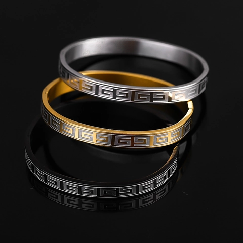 Stainless Steel Greek Fret Meander Pattern Bangle Vintage Punk Style Geometric Hinged Bracelet For Men Women Jewelry