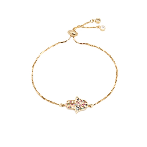 Luxus Hand der Fatima Böser Blick Kupfer Zirkonia Armband Für Damen Bunte Steine Verstellbares Tunnelzug Boxkette Armband Schmuck