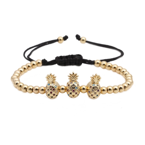 Bracciale con Ciondolo Ananas Zirconi Colorati Micro Intarsiati Perle in Rame Dorato Corda Intrecciata Regolabile Gioielli Donna