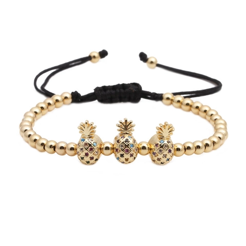 Bracciale con Ciondolo Ananas Zirconi Colorati Micro Intarsiati Perle in Rame Dorato Corda Intrecciata Regolabile Gioielli Donna