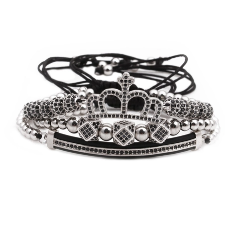 Bracelet de Luxe en Cuivre avec Zircone Micro Incrustée Couronne et Cubes Perles pour Hommes Bijoux Hip Hop Punk Or Argent Noir