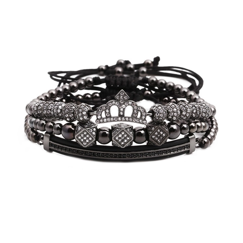 Bracelet de Luxe en Cuivre avec Zircone Micro Incrustée Couronne et Cubes Perles pour Hommes Bijoux Hip Hop Punk Or Argent Noir