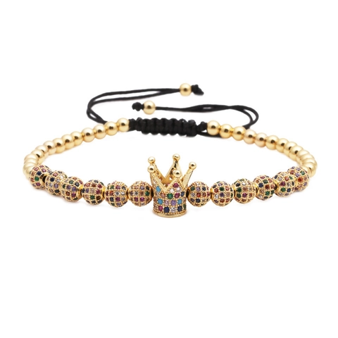 Bracelet Charme Couronne en Cuivre Zircone Luxe Perle Ronde Micro Pavé Chaîne en Corde Tressée Ajustable Bijoux Hommes Femmes