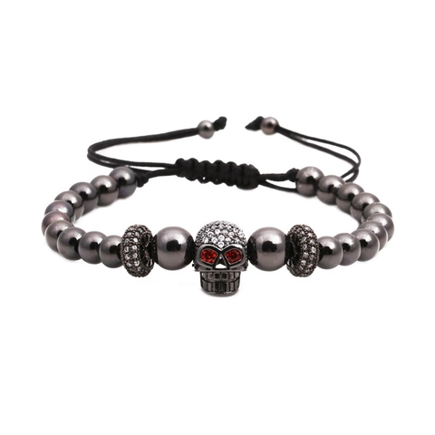 Braccialetto di Perline con Teschio Punk Micro Pavé di Zirconia Rame Regolabile Corda Intrecciata Corona Fantasma Gioielli Uomo Donna