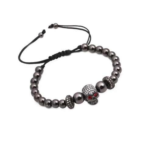 Braccialetto di Perline con Teschio Punk Micro Pavé di Zirconia Rame Regolabile Corda Intrecciata Corona Fantasma Gioielli Uomo Donna