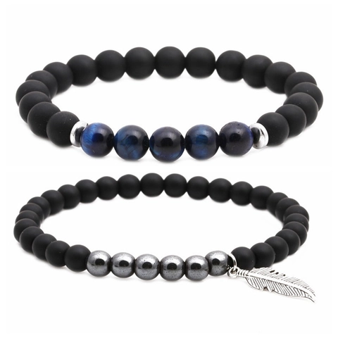 Matte Achat Blaues Tigerauge Perlenarmband Kupfer Feder Anhänger Gestreifter Achat Heilstein Dehnbares Armband Für Herren Damen