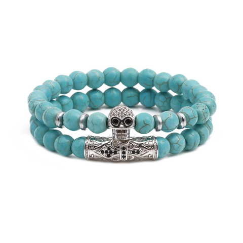Ensemble de Bracelets Perlés en Turquoise Bleue Vintage pour Unisexe Gothique Punk Tête de Mort Croix Alliage Zirconia Bracelet Élastique Bijoux de Mode Cadeau