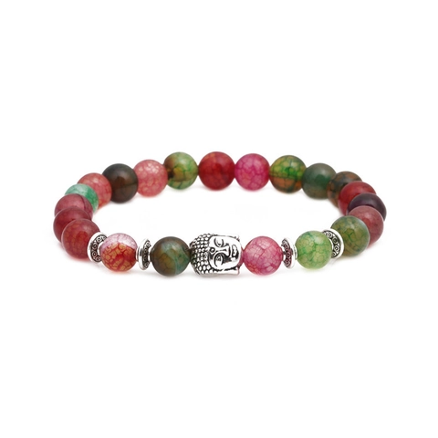 Retro Natural Agate Stone Beaded Bracelet Set Alloy Buddha Head Curved Tube Charms Multicolor Dragon Vein Agate Bracelet For Men Women Bohemian Jewelry