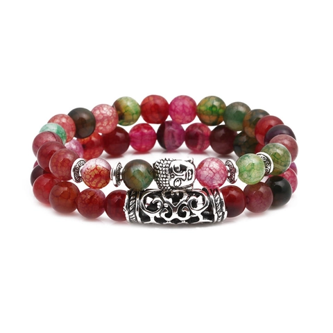 Retro Natural Agate Stone Beaded Bracelet Set Alloy Buddha Head Curved Tube Charms Multicolor Dragon Vein Agate Bracelet For Men Women Bohemian Jewelry