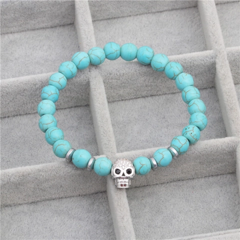 Ensemble de Bracelets Perlés en Turquoise Bleue Vintage pour Unisexe Gothique Punk Tête de Mort Croix Alliage Zirconia Bracelet Élastique Bijoux de Mode Cadeau