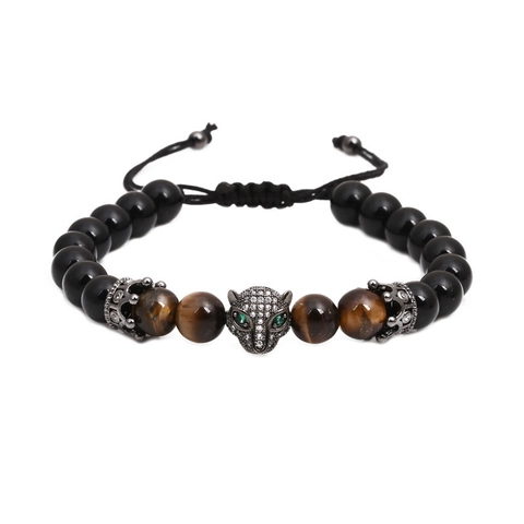 Handmade Beaded Wolf Head Lion Skull Woven Bracelet For Men Adjustable Matte Black Tiger Eye Stone Rhinestone Bracelet Jewelry Gift