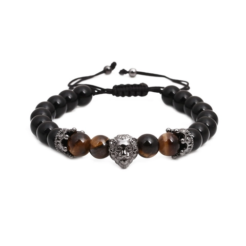 Handmade Beaded Wolf Head Lion Skull Woven Bracelet For Men Adjustable Matte Black Tiger Eye Stone Rhinestone Bracelet Jewelry Gift