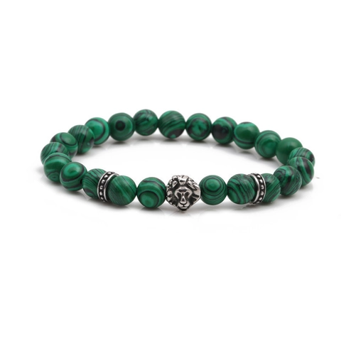 Men Vintage Green Malachite Beaded Bracelet Stainless Steel Lion Head Buddha Beads Elastic Wristband Ethnic Style Jewelry Gift